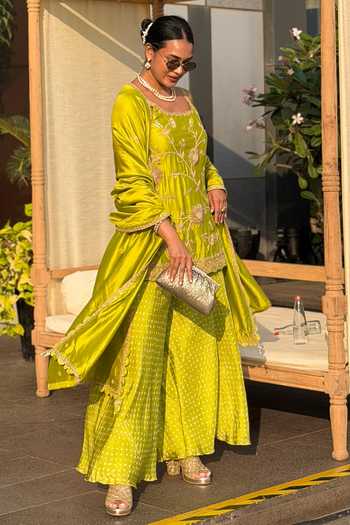 Buy_Pink City by Sarika_Green , Satin Embroidery, Metallic Thread Strappy Sunflower Sharara Set _Online