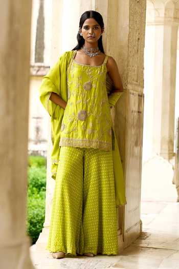 Shop_Pink City by Sarika_Green , Satin Embroidery, Metallic Thread Strappy Sunflower Sharara Set _Online