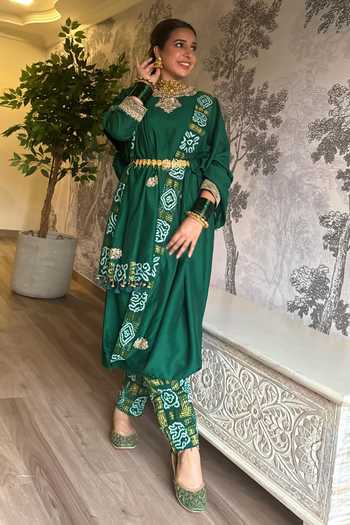 Shop_Pink City by Sarika_Green Cotton, Mohair Embroidery Round Neck Peacock Draped Kurta Set _at_Aza_Fashions