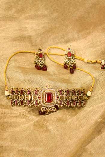 Shop_Amaara Jewels_Gold Plated Veloura Ruby Noor Choker Set _Online_at_Aza_Fashions