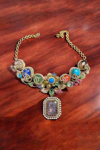 Amaara Jewels_Multi Color Vintage Royale Navratan Necklace Set _Online_at_Aza_Fashions