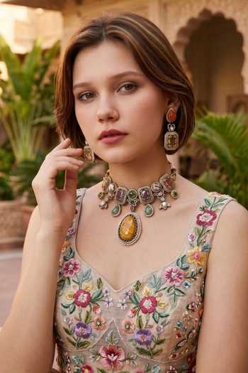 Buy_Amaara Jewels_Gold Plated Rosette Antique Multi Stone Choker Set _at_Aza_Fashions