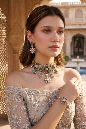 Shop_Amaara Jewels_White Ophelia Gem Embellished Navratan Choker Set _Online_at_Aza_Fashions