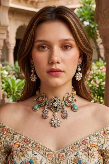 Buy_Amaara Jewels_White Ophelia Gem Embellished Navratan Choker Set _at_Aza_Fashions