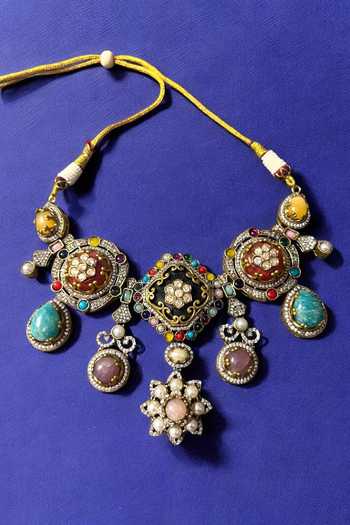 Amaara Jewels_White Ophelia Gem Embellished Navratan Choker Set _Online_at_Aza_Fashions