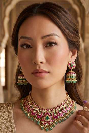 Shop_Amaara Jewels_Green Gul Crest Peacock Embellished Necklace Set _Online_at_Aza_Fashions
