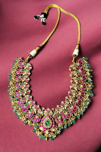 Amaara Jewels_Green Gul Crest Peacock Embellished Necklace Set _Online_at_Aza_Fashions