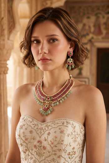 Buy_Amaara Jewels_Red Zivara Bloom Embellished Necklace Set _at_Aza_Fashions