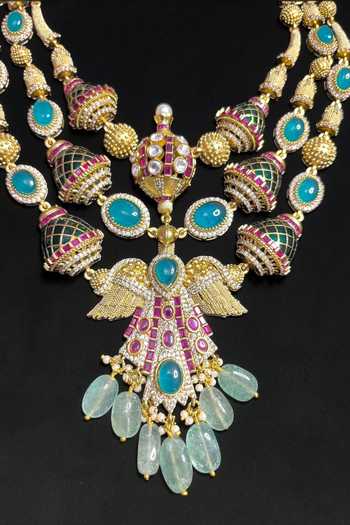 Amaara Jewels_Gold Plated Emerald Noor Peacock Heirloom Necklace Set _Online_at_Aza_Fashions