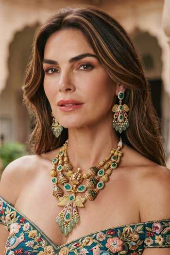Buy_Amaara Jewels_Gold Plated Emerald Noor Peacock Heirloom Necklace Set _at_Aza_Fashions