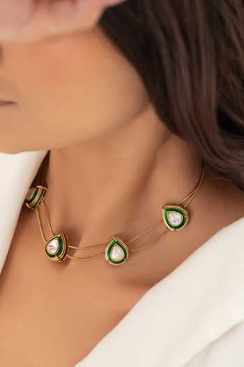 Do Taara_Green Polki Embellished Necklace Set _Online_at_Aza_Fashions