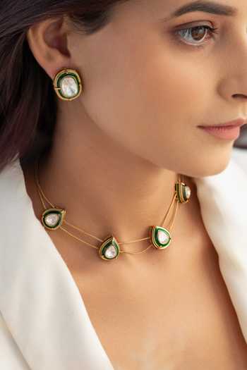 Buy_Do Taara_Green Polki Embellished Necklace Set _at_Aza_Fashions
