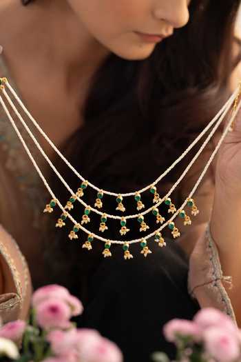 Shop_Do Taara_White Green Layered Kundan Necklace _at_Aza_Fashions