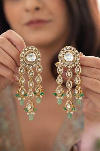 Shop_Do Taara_Green Mint Polki Embellished Earrings _at_Aza_Fashions