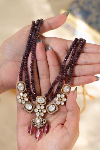 Shop_Do Taara_Purple Polki Embellished Pendant Necklace _at_Aza_Fashions