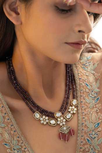 Do Taara_Purple Polki Embellished Pendant Necklace _Online_at_Aza_Fashions