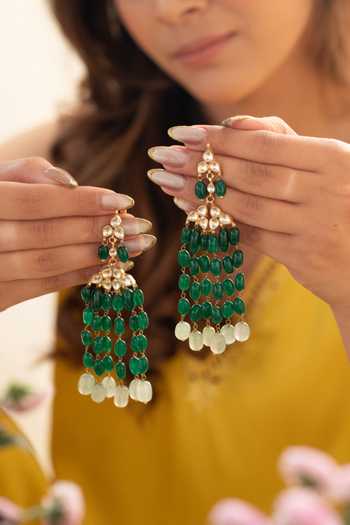 Shop_Do Taara_Green Kundan Embellished Earrings _at_Aza_Fashions