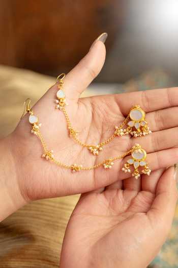 Shop_Do Taara_Gold Plated Mother Of Pearl Embellished Earrings _at_Aza_Fashions