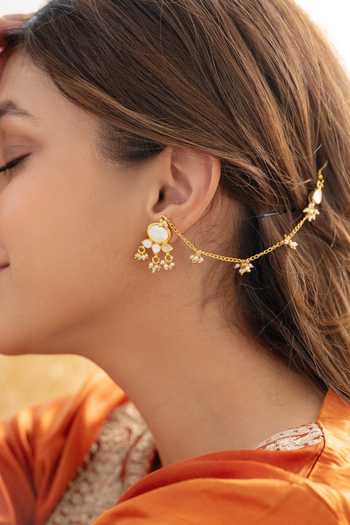 Shop_Do Taara_Gold Plated Mother Of Pearl Embellished Earrings _Online_at_Aza_Fashions