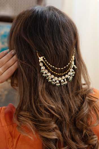 Buy_Do Taara_Green Kundan Embellished Braid Pin _at_Aza_Fashions