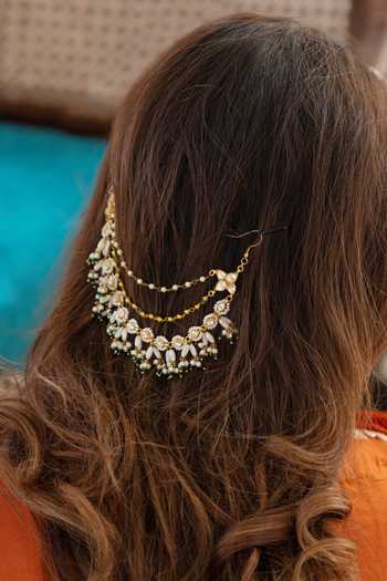 Do Taara_Green Kundan Embellished Braid Pin _Online_at_Aza_Fashions