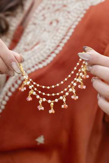 Shop_Do Taara_Gold Plated Kundan And Pearl Embellished Kaan Chain _at_Aza_Fashions