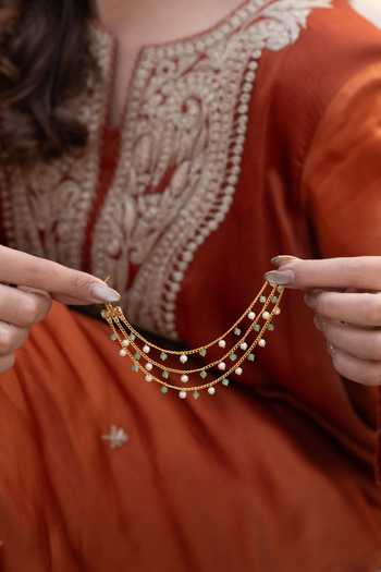 Shop_Do Taara_Green Embellished 3 Layered Pair Of Kaan Chains _at_Aza_Fashions
