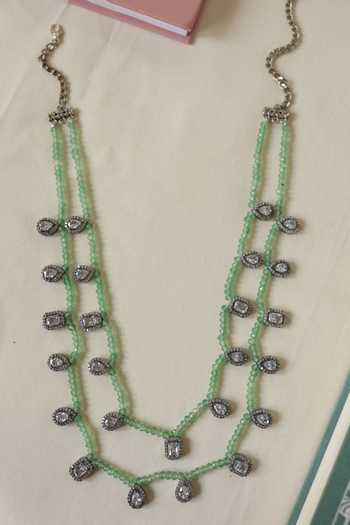 Shop_Do Taara_Green Polki Embellished Layered Necklace _at_Aza_Fashions