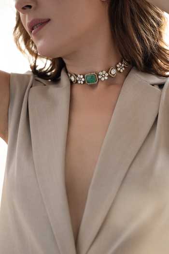 Buy_Do Taara_Green Polki Embellished Choker Necklace _Online_at_Aza_Fashions