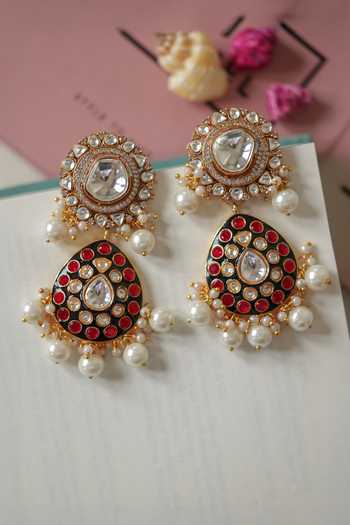 Shop_Do Taara_Red Polki Embellished Earrings _at_Aza_Fashions