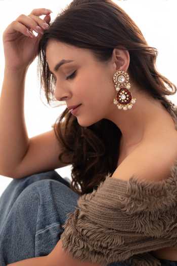 Shop_Do Taara_Red Polki Embellished Earrings _Online_at_Aza_Fashions