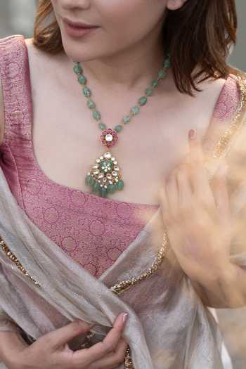 Shop_Do Taara_Green Polki Embellished Pendant Necklace Set _at_Aza_Fashions