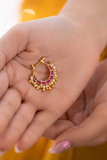 Shop_Do Taara_Magenta Kundan Embellished Nose Ring _at_Aza_Fashions