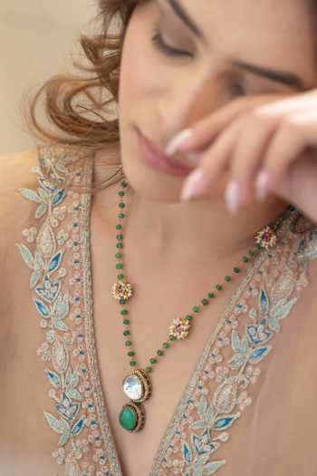 Shop_Do Taara_Green Mint Polki Embellished Pendant Necklace _at_Aza_Fashions
