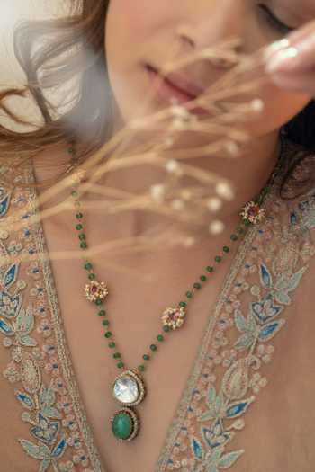 Do Taara_Green Mint Polki Embellished Pendant Necklace _Online_at_Aza_Fashions