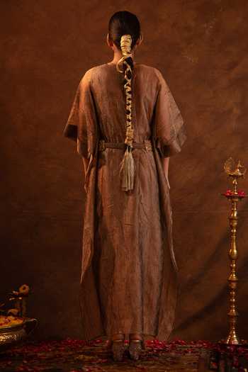 Shop_Eraaya by Ratika J_Brown Silk, Tissue Round Neck Crinkled Kaftan Set _at_Aza_Fashions