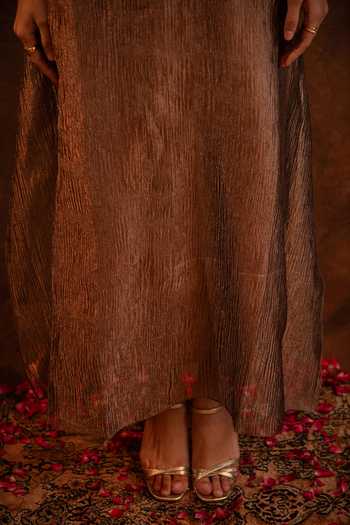 Eraaya by Ratika J_Brown Silk, Tissue Round Neck Crinkled Kaftan Set _at_Aza_Fashions