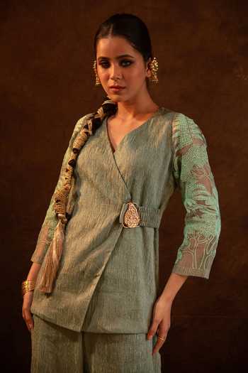 Eraaya by Ratika J_Green Silk, Tissue V-neck Placed Embroidered Tunic With Palazzo _Online_at_Aza_Fashions