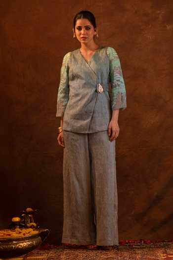 Buy_Eraaya by Ratika J_Green Silk, Tissue V-neck Placed Embroidered Tunic With Palazzo _Online_at_Aza_Fashions