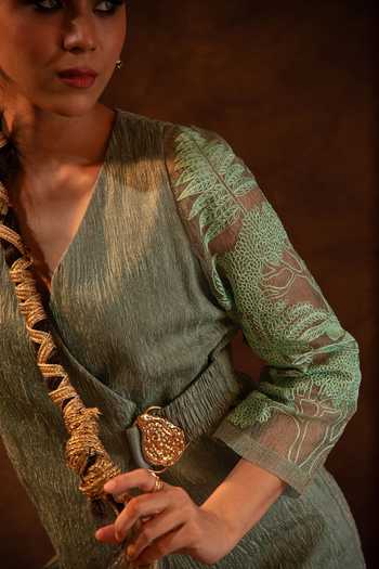 Shop_Eraaya by Ratika J_Green Silk, Tissue V-neck Placed Embroidered Tunic With Palazzo _Online_at_Aza_Fashions