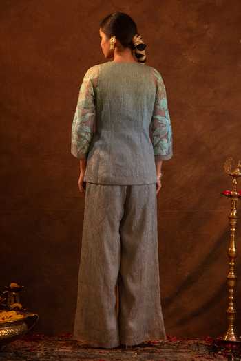 Shop_Eraaya by Ratika J_Green Silk, Tissue V-neck Placed Embroidered Tunic With Palazzo _at_Aza_Fashions