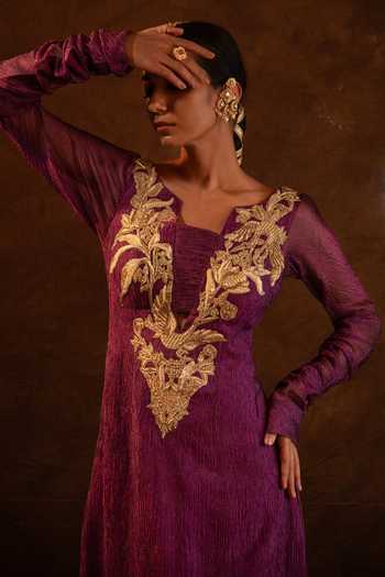 Buy_Eraaya by Ratika J_Purple Silk, Tissue Plunge Neck Swan Embroidered Dress _Online_at_Aza_Fashions