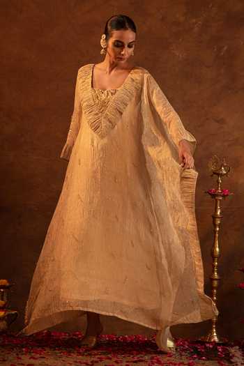 Eraaya by Ratika J_Gold Silk, Satin, Tissue, Modal V-neck Ruched Crystal Kaftan _Online_at_Aza_Fashions