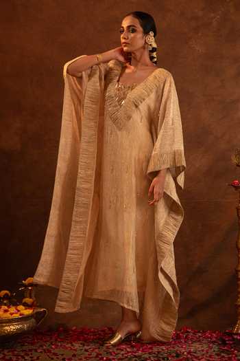 Buy_Eraaya by Ratika J_Gold Silk, Satin, Tissue, Modal V-neck Ruched Crystal Kaftan _Online_at_Aza_Fashions