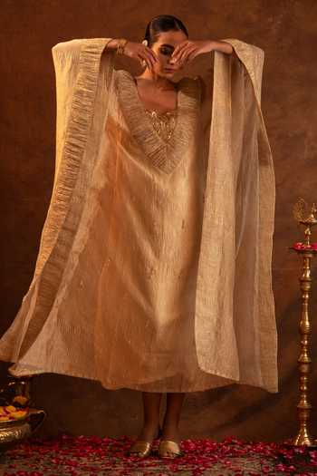 Shop_Eraaya by Ratika J_Gold Silk, Satin, Tissue, Modal V-neck Ruched Crystal Kaftan _Online_at_Aza_Fashions