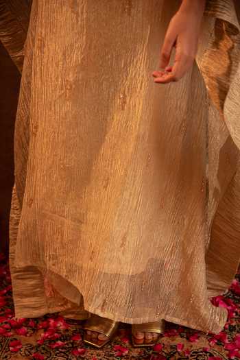 Buy_Eraaya by Ratika J_Gold Silk, Satin, Tissue, Modal V-neck Ruched Crystal Kaftan 