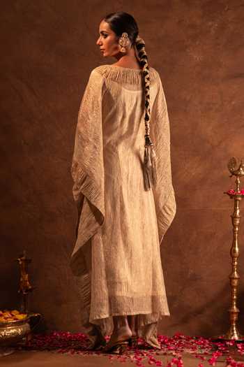 Shop_Eraaya by Ratika J_Gold Silk, Satin, Tissue, Modal V-neck Ruched Crystal Kaftan _at_Aza_Fashions