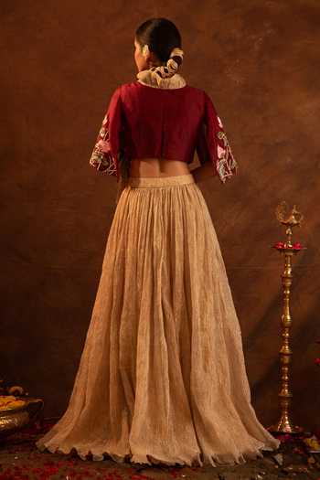 Shop_Eraaya by Ratika J_Gold Silk, Tissue, Organza Square Neck Floral Applique Blouse With Skirt _at_Aza_Fashions