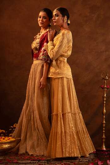 Eraaya by Ratika J_Gold Silk, Tissue, Organza Square Neck Floral Applique Blouse With Skirt _Online_at_Aza_Fashions