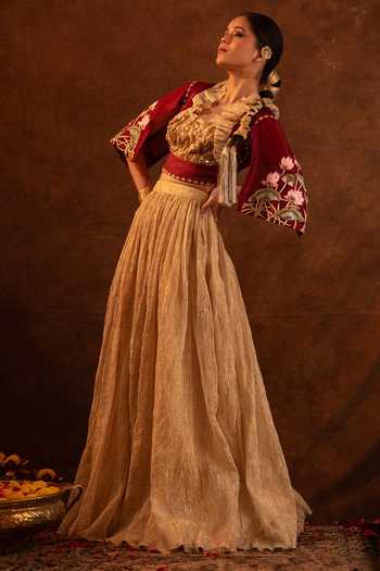 Eraaya by Ratika J_Gold Silk, Tissue, Organza Square Neck Floral Applique Blouse With Skirt _at_Aza_Fashions